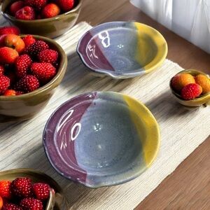 Set 2 Ken Follette Signed Handcrafted Pottery Bowls Ashtrays- Purple Yellow Blue